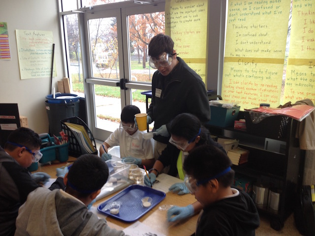 Aaron Leininger, junior, civil engineering major, teaching the lesson, "Engineering Challenge:  Wind Turbines"